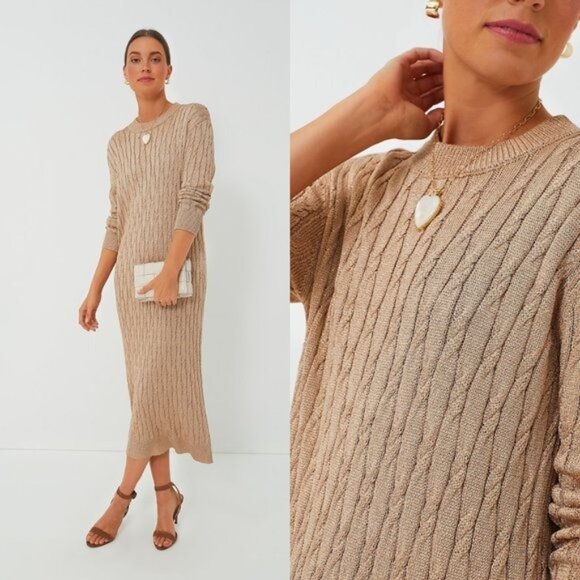 Tuckernuck NEW Gold Metallic Cable Knit Long Sleeve Midi Dress Size M